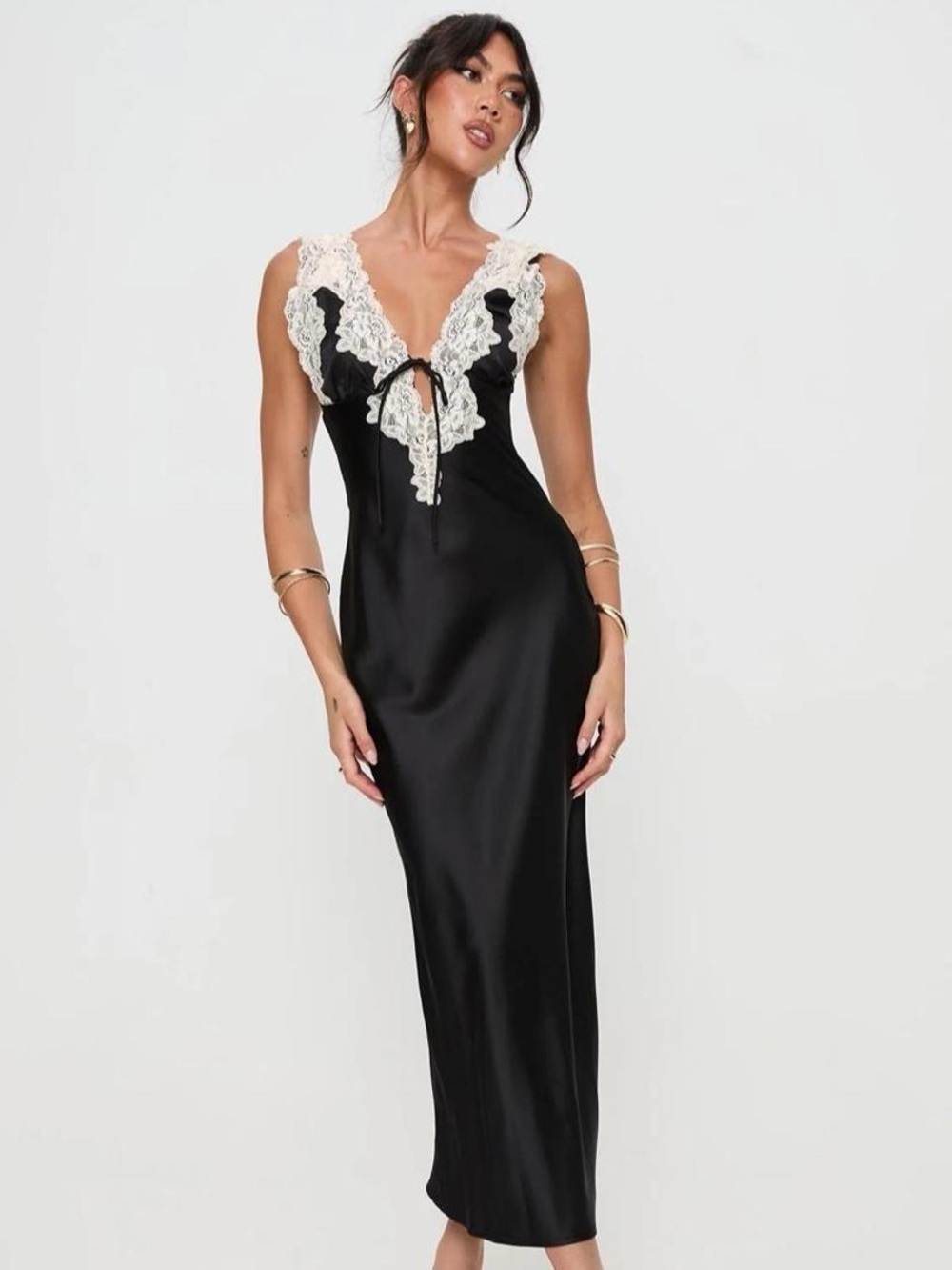 Princess Polly Black Maxi Slip Dress with Cream Lace Trim